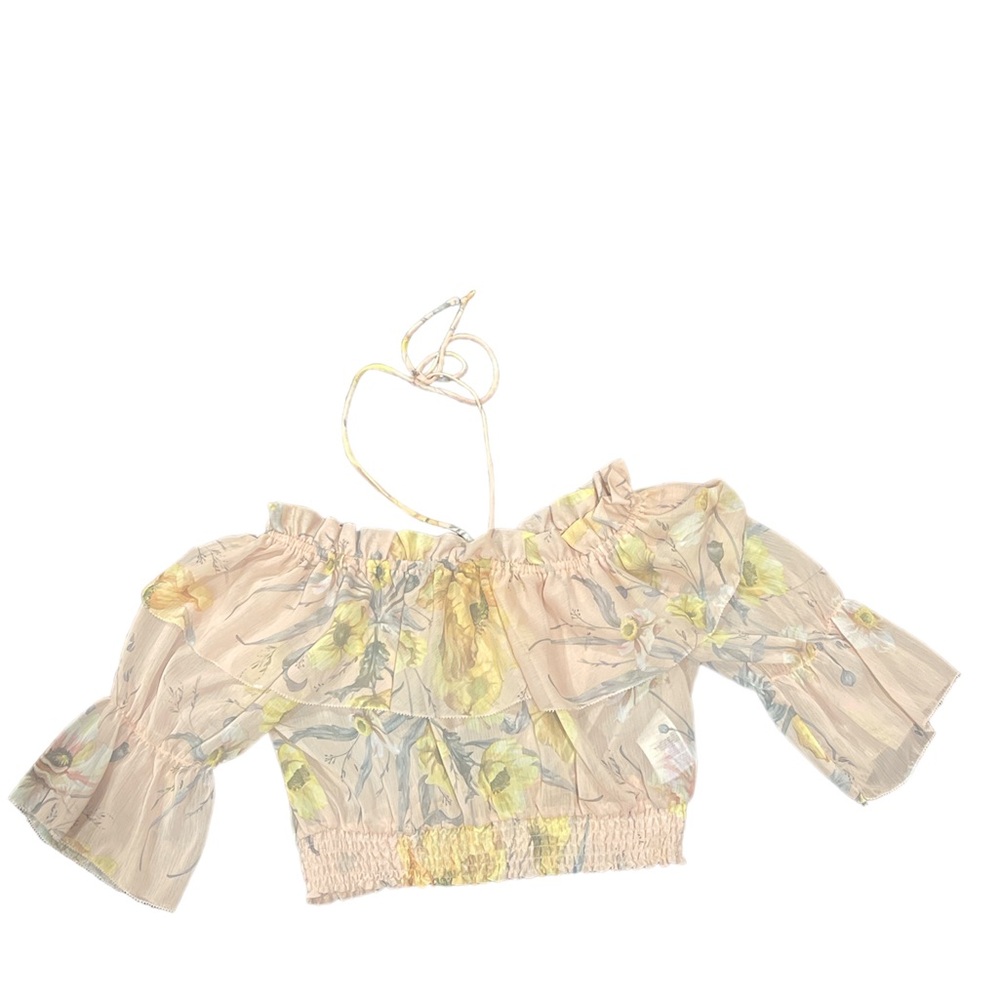H&M pink floral ruffle cropped halter off the shoulder top size 4